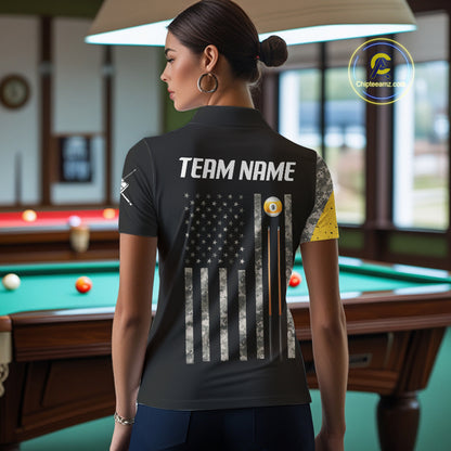 Personalized 9 Ball Camo Skull Billiard Shirt For Women, US Flag Pool Team Jerseys Polo & 1/4 Zip TDM5251