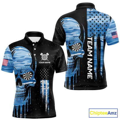 Blue Camo Skull American Flag Dart Shirt For Men Custom Patriotic Dart Jersey Team Polo & 1/4 Zip TDM5772