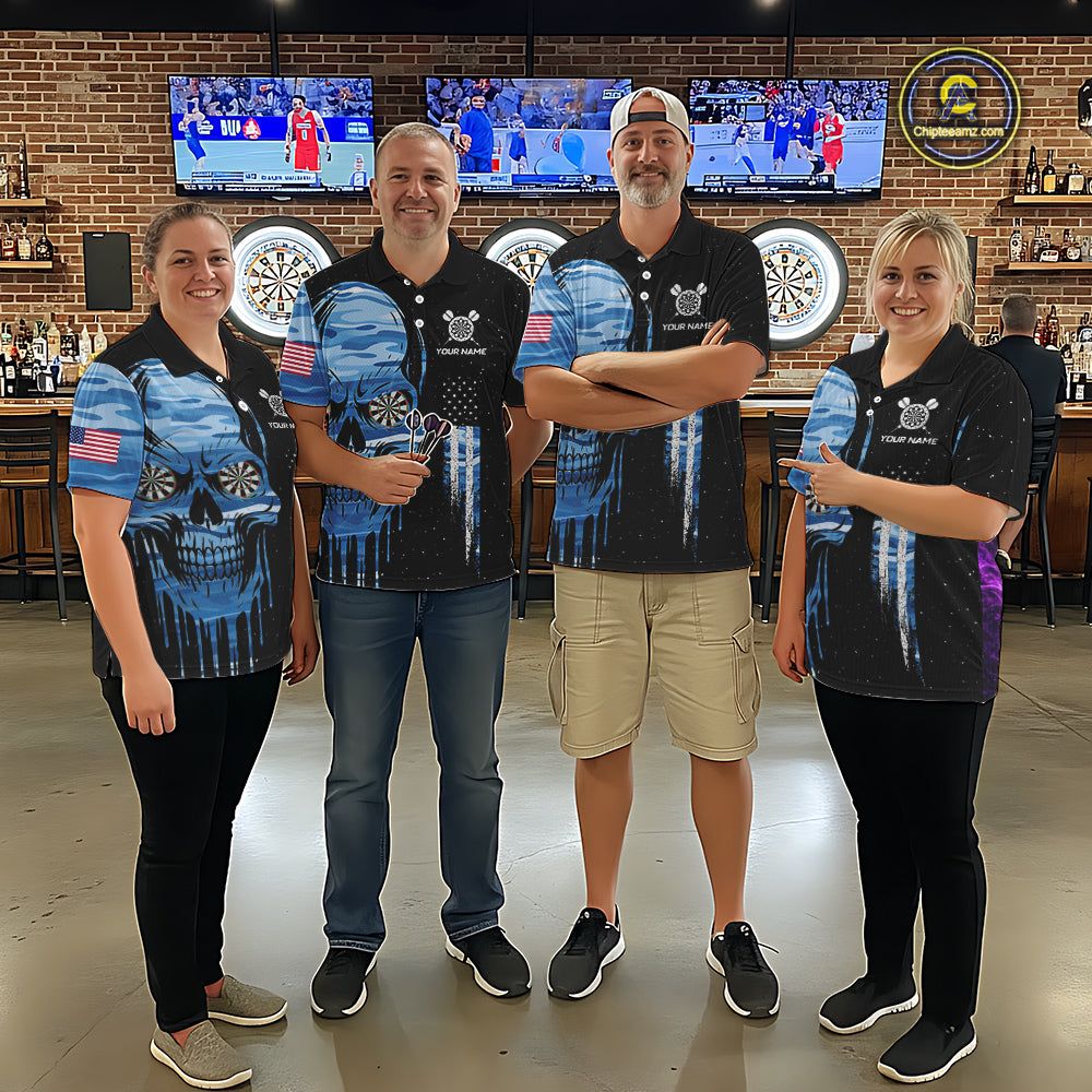 Blue Camo Skull American Flag Dart Shirt For Men Custom Patriotic Dart Jersey Team Polo & 1/4 Zip TDM5772