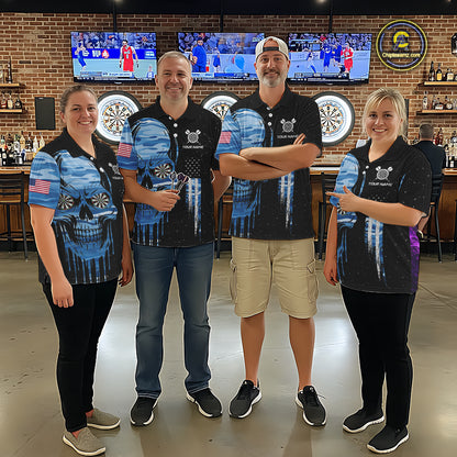 Blue Camo Skull American Flag Dart Shirt For Men Custom Patriotic Dart Jersey Team Polo & 1/4 Zip TDM5772