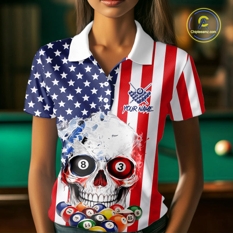 American Flag Grunge Skull Billiard Shirt For Women Custom Patriotic Pool Team Jersey Polo & 1/4 Zip TDM6132