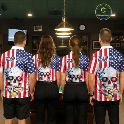 American Flag Grunge Skull Billiard Shirt For Men Custom Patriotic Pool Team Jersey Polo & 1/4 Zip TDM6132