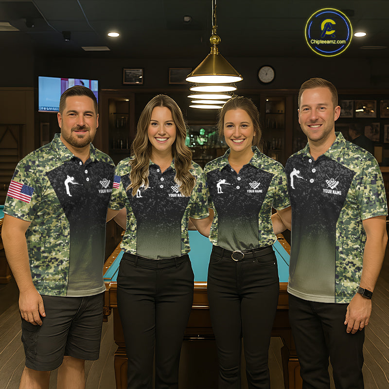 Custom Green Camo US Flag 8 Ball Pool Shirt For Women, Billiard Team Jersey Polo & 1/4 Zip TDM6138