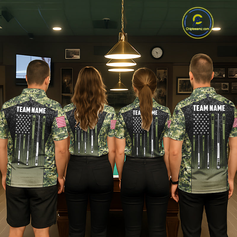 Custom Green Camo US Flag 8 Ball Pool Shirt For Women, Billiard Team Jersey Polo & 1/4 Zip TDM6138