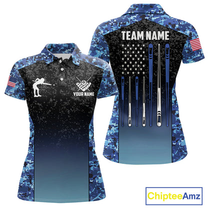 Custom Blue Camo US Flag 8 Ball Pool Shirt For Women, Billiard Team Jersey Polo & 1/4 Zip TDM6139