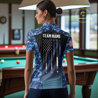Custom Blue Camo US Flag 8 Ball Pool Shirt For Women, Billiard Team Jersey Polo & 1/4 Zip TDM6139