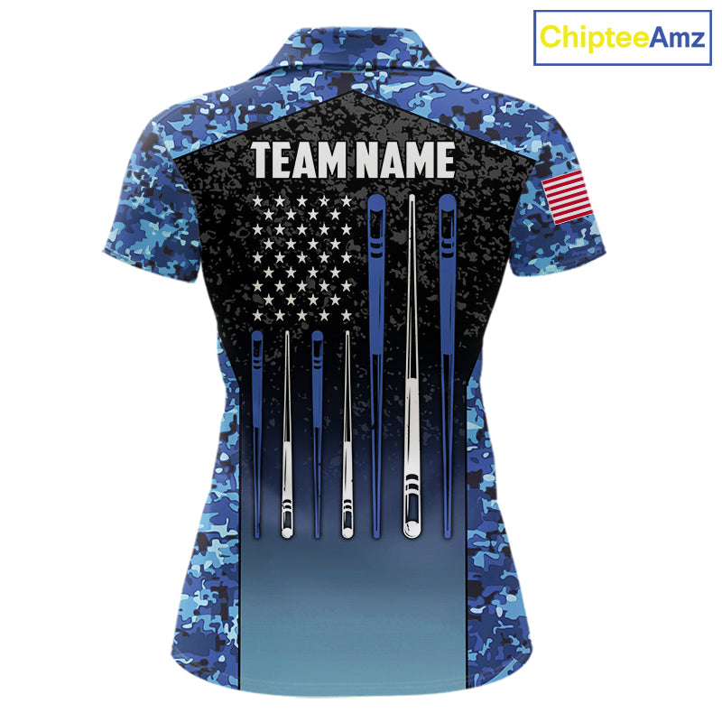 Custom Blue Camo US Flag 8 Ball Pool Shirt For Women, Billiard Team Jersey Polo & 1/4 Zip TDM6139
