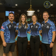 Load image into Gallery viewer, Custom Blue Camo US Flag 8 Ball Pool Shirt For Men, Billiard Team Jersey Polo &amp; 1/4 Zip TDM6139