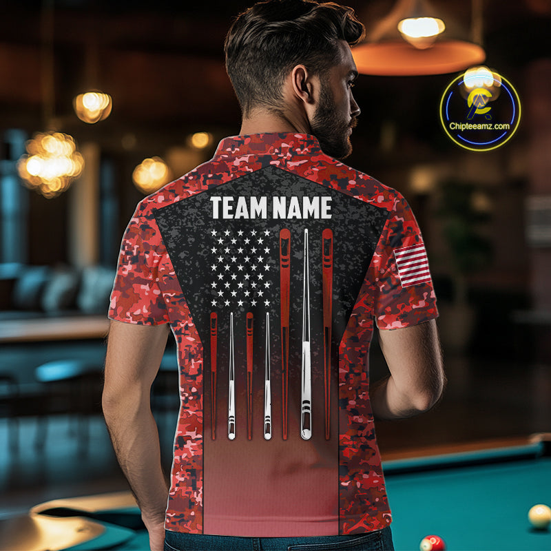 Custom Red Camo US Flag 8 Ball Pool Shirt For Men, Billiard Team Jersey Polo & 1/4 Zip TDM6140
