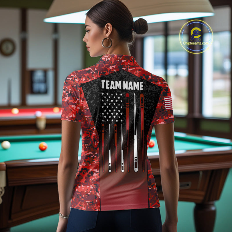Custom Red Camo US Flag 8 Ball Pool Shirt For Women, Billiard Team Jersey Polo & 1/4 Zip TDM6140