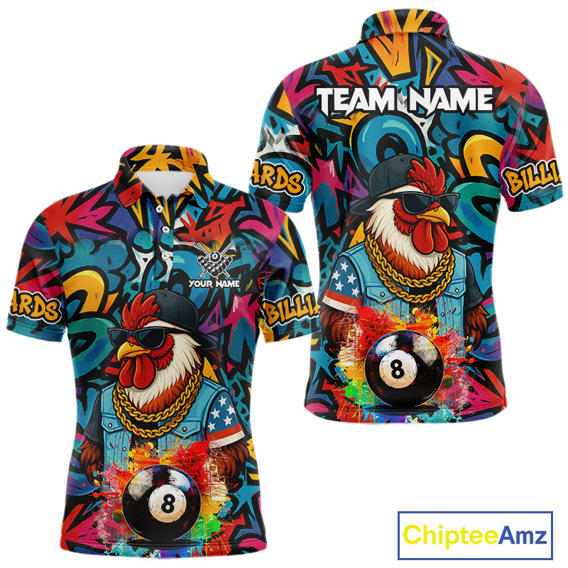 Funny Rooster Colorful Graffiti 8 Ball Billiard Shirt For Men Custom Pool Jersey Polo & 1/4 Zip TDM6368
