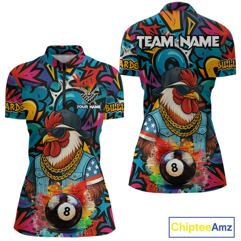 Funny Rooster Colorful Graffiti 8 Ball Billiard Shirt For Women Custom Pool Jersey Polo & 1/4 Zip TDM6368