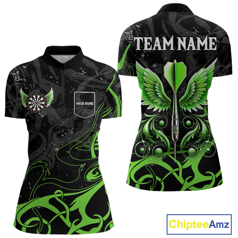 Black Green Custom Wings Darts Shirts For Women, Darts Jersey Pocket Option TDM4041