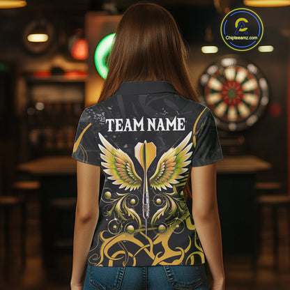 Yellow Black Custom Wings Darts Shirts For Women, Darts Jersey Pocket Option TDM4042