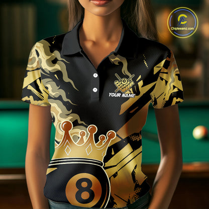 Personalized Golden 8 Ball Crown Billiard Shirt For Women, Pool King Team Jerseys Polo & 1/4 Zip TDM4236