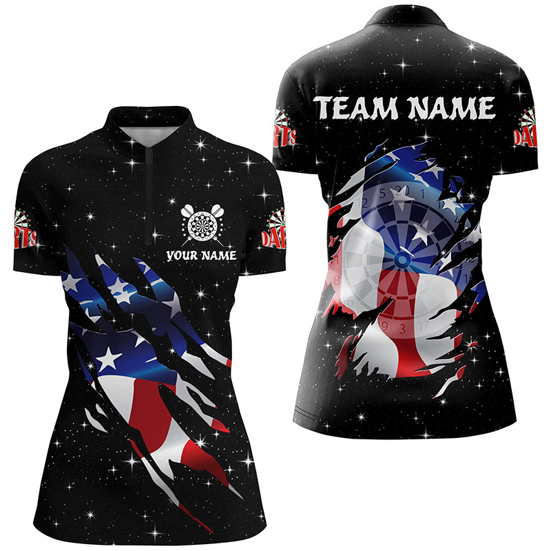 Personalized Galaxy American Flag Darts Shirts For Women Custom Patriotic Darts Team Jerseys |Black TDM2283