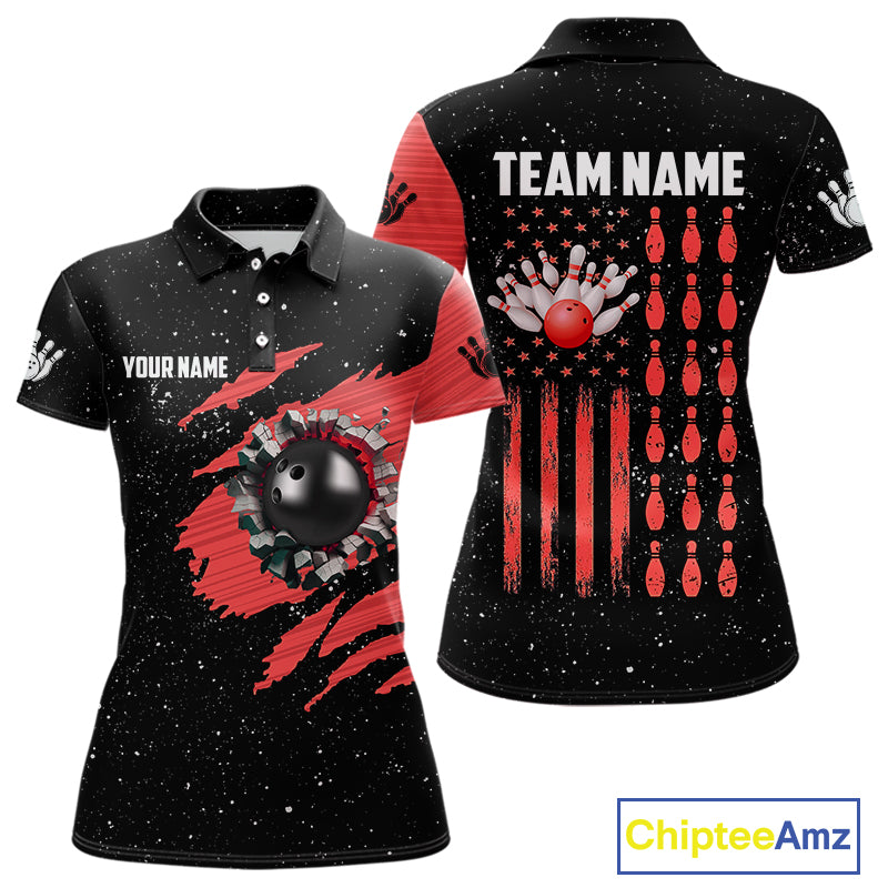 Custom Red Grunge American Flag Bowling Shirt For Women, Patriotic Bowling Team Jersey Polo, 1/4 Zip TDM4633