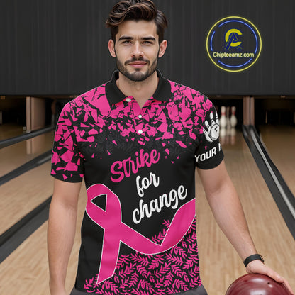 Strike For Change Hope For Awareness Custom Bowling Shirt For Men, Breast Cancer Bowling Jerseys TDM4634