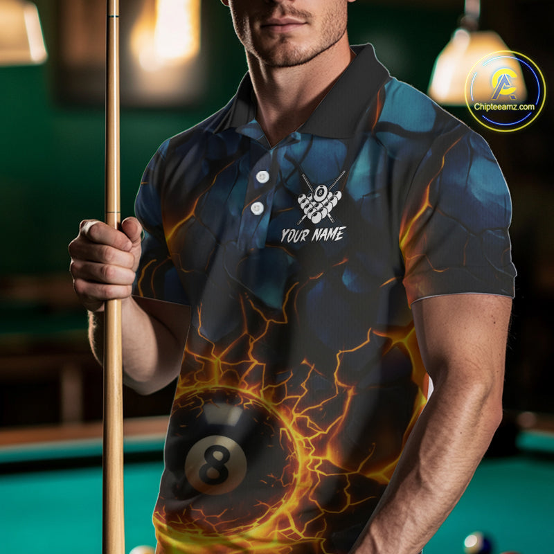Personalized Fire Cracks 8 Ball Billiard Shirt For Men Custom 8 Ball Pool Jersey Polo & 1/4 Zip TDM5045