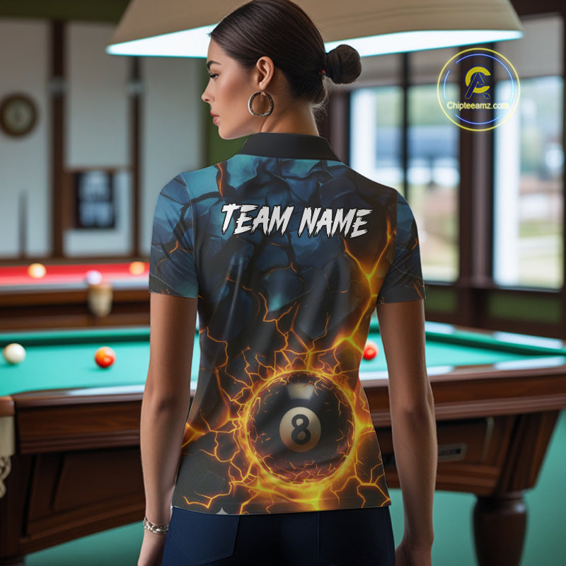 Personalized Fire Cracks 8 Ball Billiard Shirt For Women Custom 8 Ball Pool Jersey Polo & 1/4 Zip TDM5045