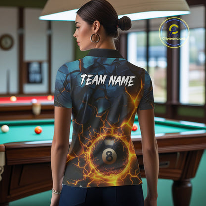Personalized Fire Cracks 8 Ball Billiard Shirt For Women Custom 8 Ball Pool Jersey Polo & 1/4 Zip TDM5045
