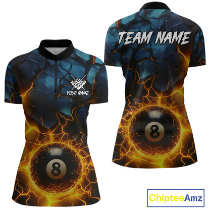 Personalized Fire Cracks 8 Ball Billiard Shirt For Women Custom 8 Ball Pool Jersey Polo & 1/4 Zip TDM5045