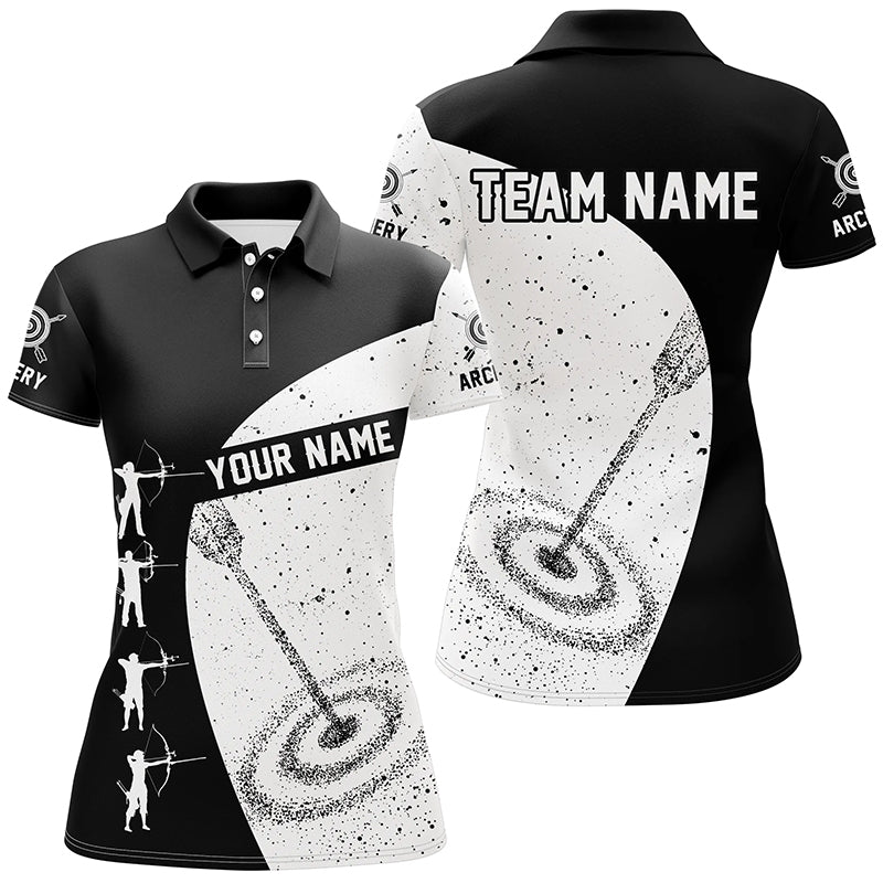 Custom Black White Archery Silhouettes Grunge Style Women Polo Shirts, Archery 3d Target Shirts Ideas TDM0615