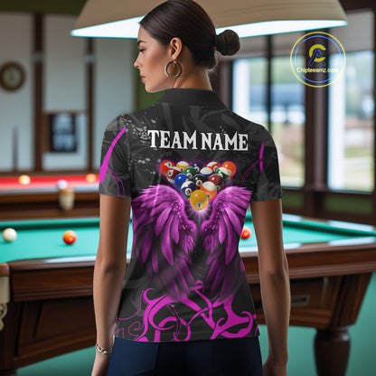 Black And Purple 8 Ball Wings Billiard Shirt For Women Custom Tribal Pool Jersey Team Polo & 1/4 Zip TDM5774