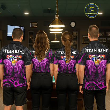 Black And Purple 8 Ball Wings Billiard Shirt For Women Custom Tribal Pool Jersey Team Polo & 1/4 Zip TDM5774