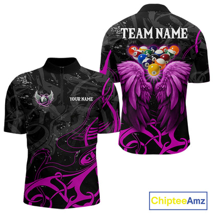 Black And Purple 8 Ball Wings Billiard Shirt For Men Custom Tribal Pool Jersey Team Polo & 1/4 Zip TDM5774