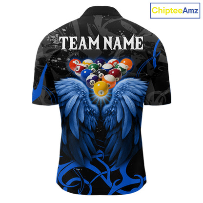 Black And Blue 8 Ball Wings Billiard Shirt For Men Custom Tribal Pool Jersey Team Polo & 1/4 Zip TDM5775