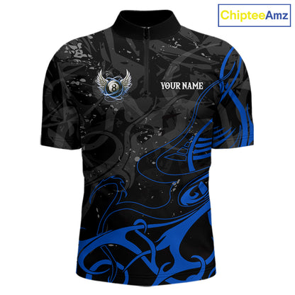 Black And Blue 8 Ball Wings Billiard Shirt For Men Custom Tribal Pool Jersey Team Polo & 1/4 Zip TDM5775
