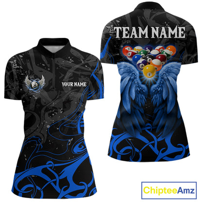 Black And Blue 8 Ball Wings Billiard Shirt For Women Custom Tribal Pool Jersey Team Polo & 1/4 Zip TDM5775