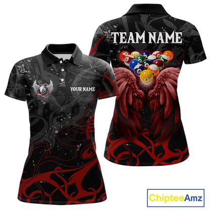 Black And Red 8 Ball Wings Billiard Shirt For Women Custom Tribal Pool Jersey Team Polo & 1/4 Zip TDM5776