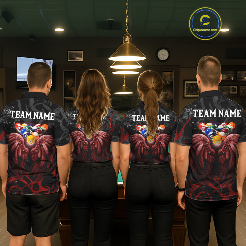 Black And Red 8 Ball Wings Billiard Shirt For Women Custom Tribal Pool Jersey Team Polo & 1/4 Zip TDM5776