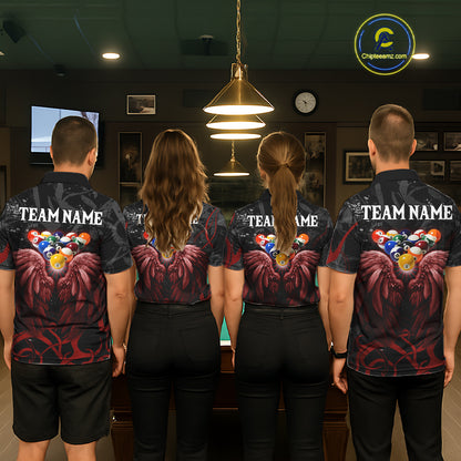 Black And Red 8 Ball Wings Billiard Shirt For Women Custom Tribal Pool Jersey Team Polo & 1/4 Zip TDM5776