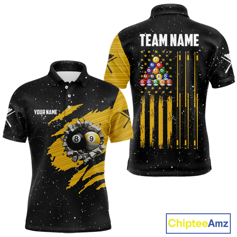 Yellow Black Grunge US Flag 8 Ball & 9 Ball Pool Men's Billiard Shirt Custom Billiard Team Jersey TDM5777