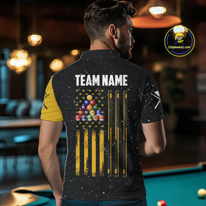 Yellow Black Grunge US Flag 8 Ball & 9 Ball Pool Men's Billiard Shirt Custom Billiard Team Jersey TDM5777