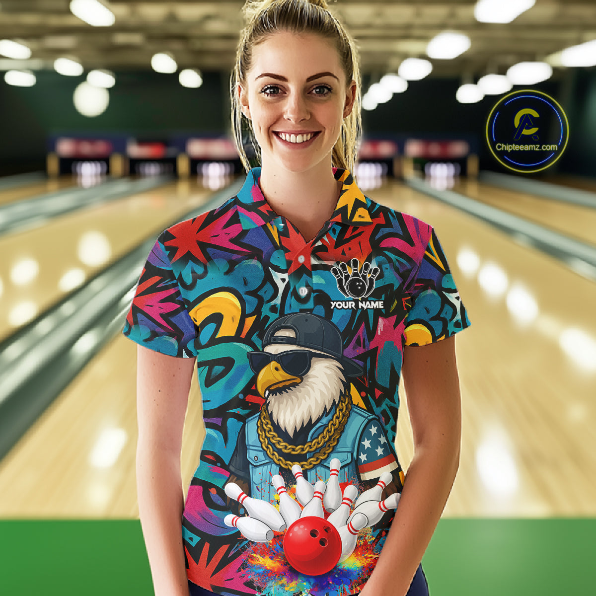 Funny Eagle Colorful Graffiti Bowling Shirt For Women Custom Bowling Team Jersey Polo & 1/4 Zpip TDM5784