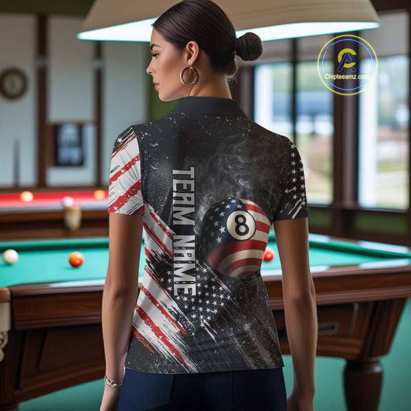 Personalized Grunge American Flag Women's Billiard Shirts Custom 8 Ball Pool Smoke Team Jerseys TDM4054