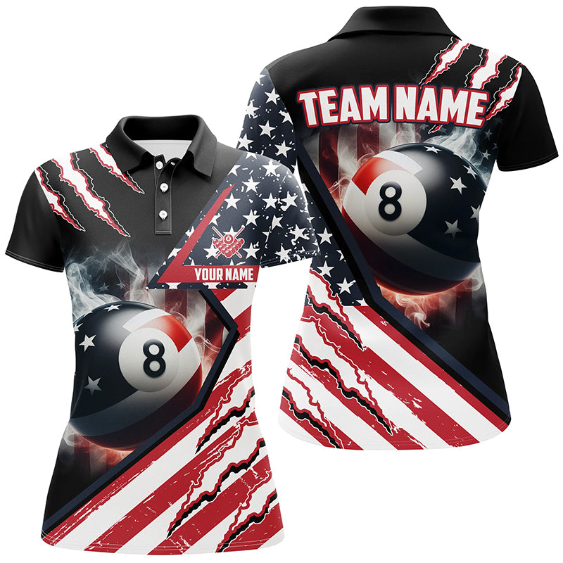 Personalized 8 Ball Pool US Flag Smoke Billiard Shirts For Women, Patriotic Billiard Jerseys Attire TDM1869