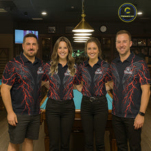 Load image into Gallery viewer, Men women billiard team wearing Thunder Lightning Tribal 8 Ball custom pool uniforms, professional team jerseys