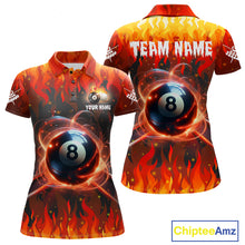 Load image into Gallery viewer, Red 8 ball fire flame billiard polo shirt for women with custom pool team graphics.