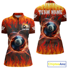Load image into Gallery viewer, Red 8 ball fire flame billiard quarter zip shirt for women designed for league tournaments and team events.