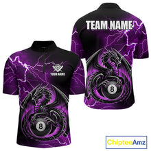 Load image into Gallery viewer, Purple thunder lightning dragon 8 ball billiard quarter zip shirt for men designed for league tournaments and team events.