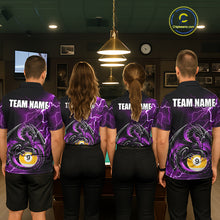 Load image into Gallery viewer, Back view of pool players wearing matching purple thunder lightning dragon billiard shirts in a game room.