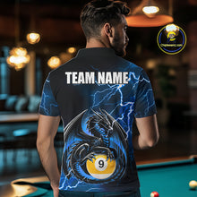 Load image into Gallery viewer, Back view of man wearing a blue thunder lightning dragon 9 ball pool shirt in a billiards hall.