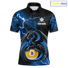 Load image into Gallery viewer, Blue thunder lightning dragon 9 ball billiard polo shirt for men with custom pool team graphics.