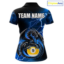 Load image into Gallery viewer, Blue thunder lightning dragon 8 ball and 9 ball billiard polo shirt for women with custom pool team graphics.