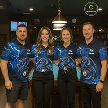 Load image into Gallery viewer, Pool team wearing matching blue thunder lightning dragon 8 ball and 9 ball billiard jerseys during tournament competition front view.
